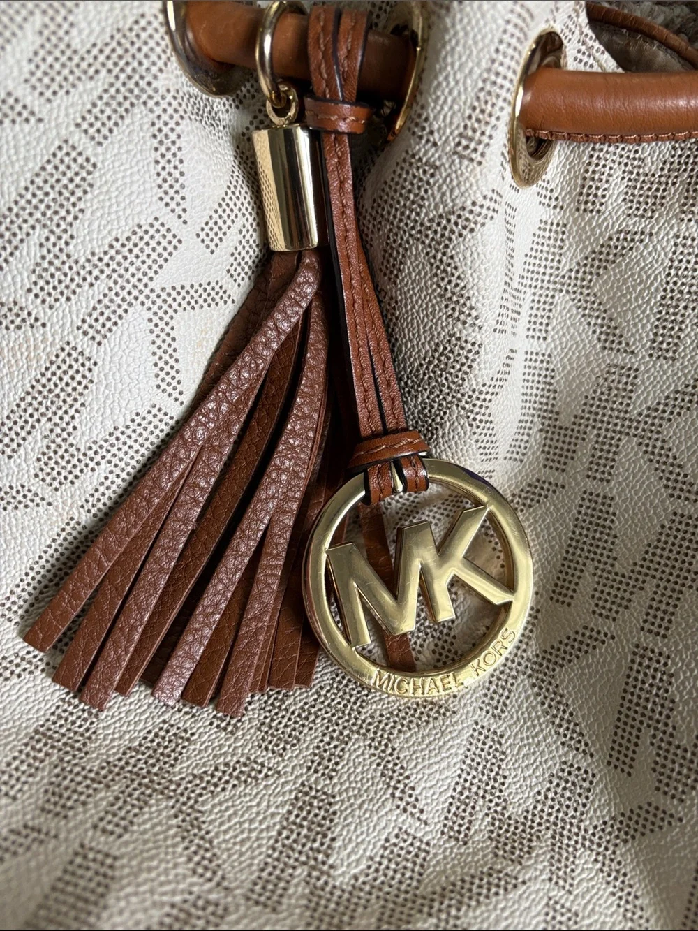 Michael Kors Cream MK Logo Ring Tote with Brown Leather Handles